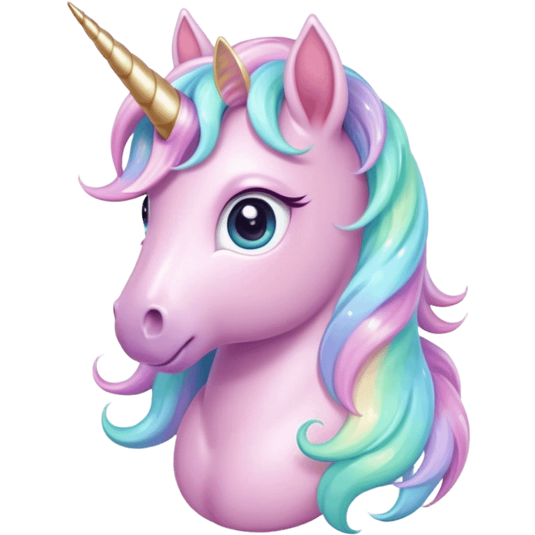 Cinematic pastel-colored unicorn, flowing iridescent mane, big sparkling eyes, tiny rounded hooves, soft chubby cheeks, delicate magical glow surrounding, enchanting and dreamy. emoji