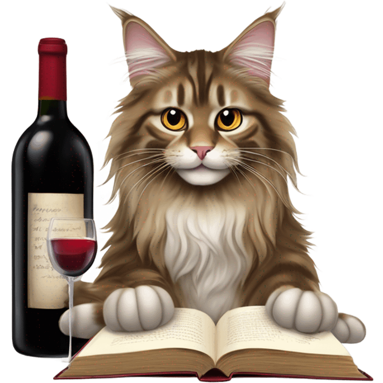 Main coon Reading a book and drinking a wine emoji