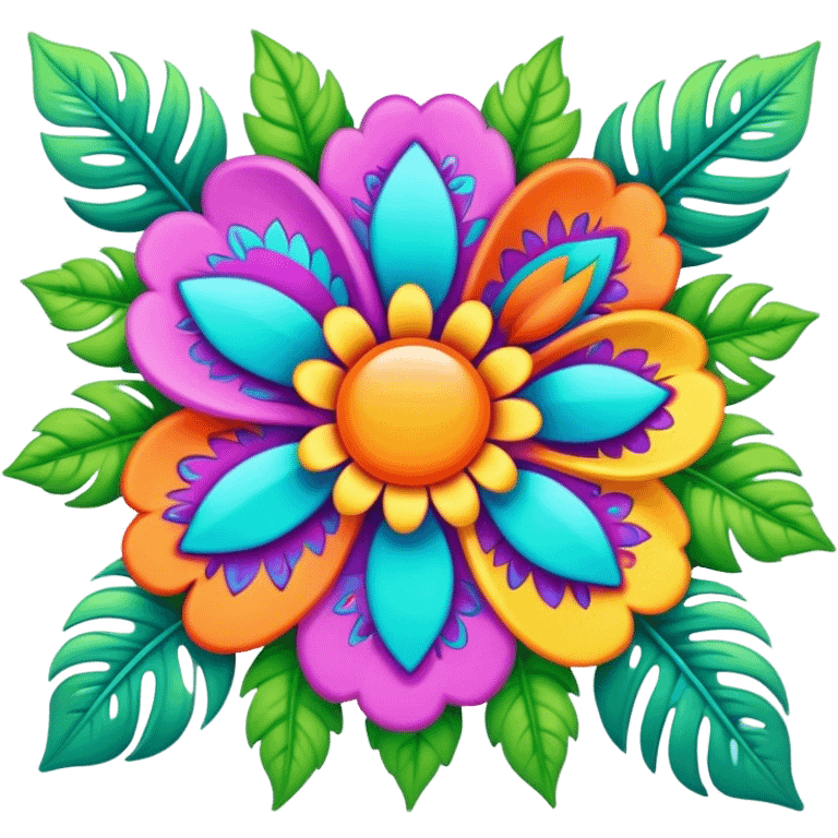 3D, psychedelic colored hippie style flower border with leaves emoji