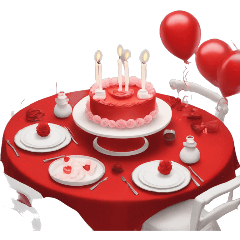 Red romantic party setting for two people and heart balloon  table with white cloth and candle with bows on the table and white Korean cake with black bows  emoji