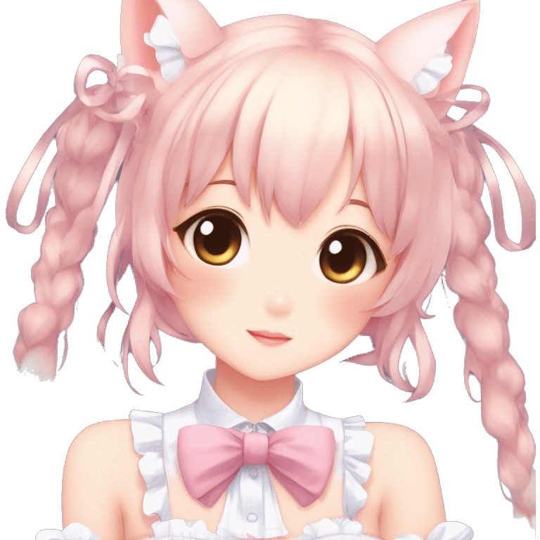 Gorgeous anime style catgirl with blushing face with maid outfit bow tie idol model kawaiicore pearly petite simplistic aesthetic trending style emoji