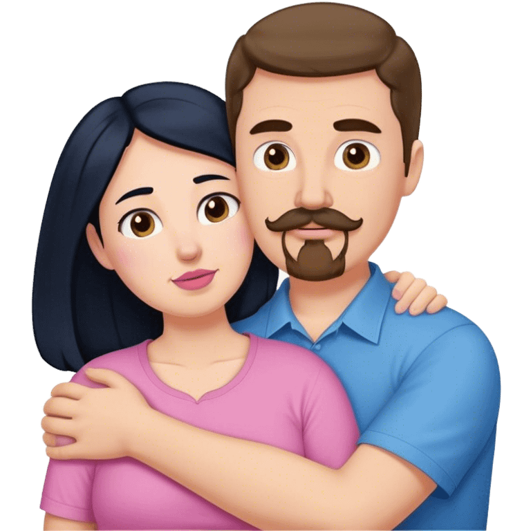 Tall white man with brown mustache goatee wearing blue hugging a chubby short pale woman with long black hair wearing pink emoji