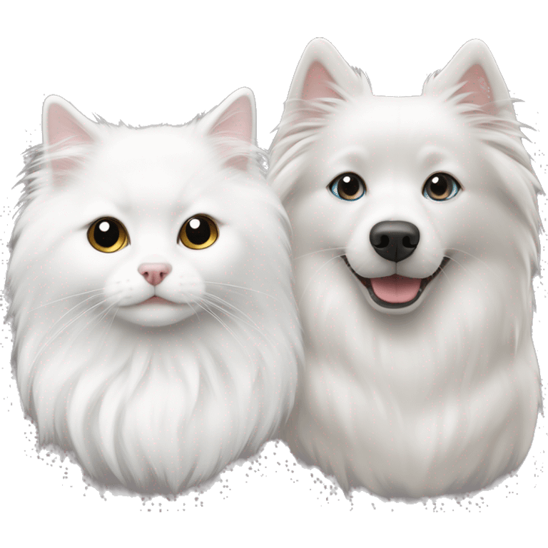 one white japanese spitz and one ragdoll cat that is greay emoji