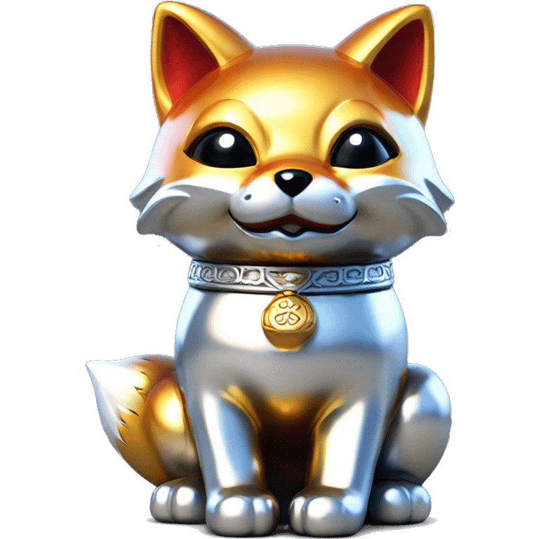 fully chrome fox statue in the form of maneki neko emoji