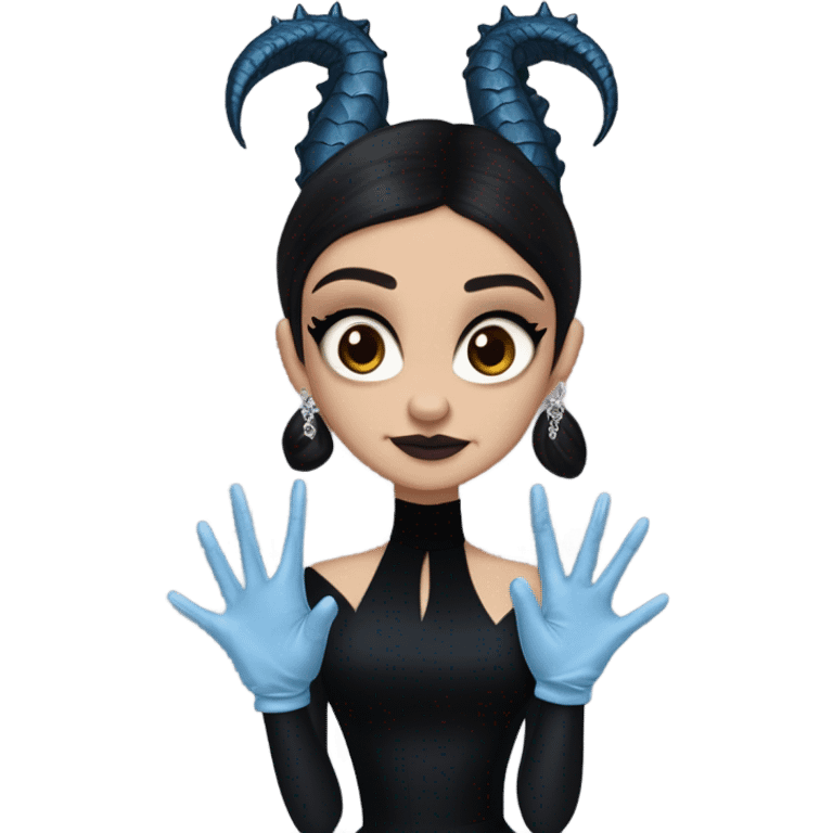 low cut back silk black evening gown with see-through gloves, Jenna Ortega as Addams woman prom queen wearing a mini tiara, very large blood blue evil-looking horned old dragon companion emoji