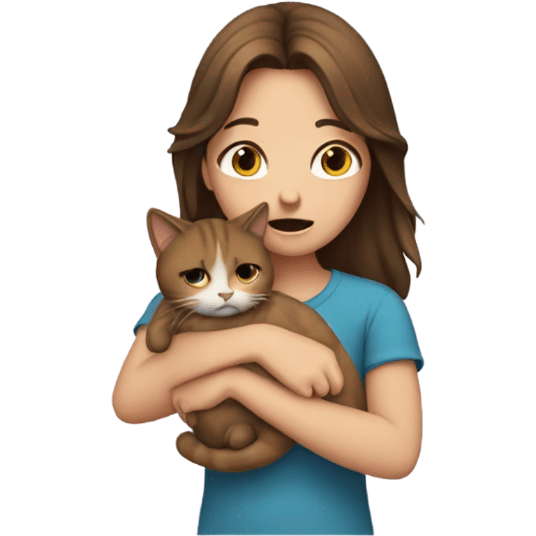 A girl crying with a cat, the girl has brown hair  emoji