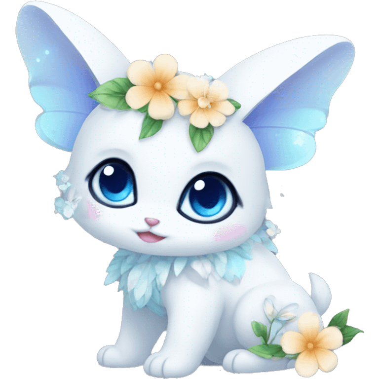 Edgy Cute Cool Kawaii gorgeous sparkly ethereal white fantasy animal with blue eyes sona with flowers and butterflies emoji