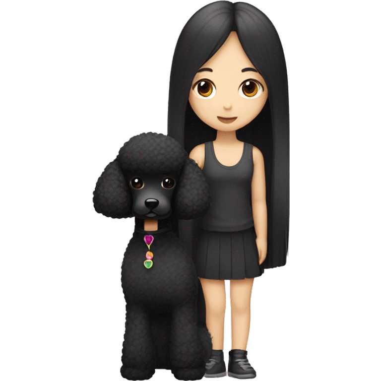 One Korean girl with black long straight hair with one black poodle emoji