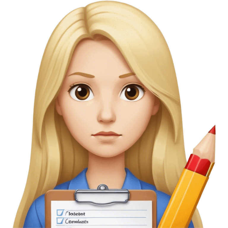 Woman with long blonde hair holding a checklist, looking serious at it emoji