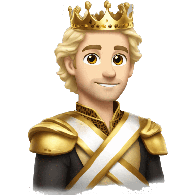 1 young handsome white king with flowing dirty blonde hair, hazel eyes, stubble, a gold crown with a cheetah print sash emoji