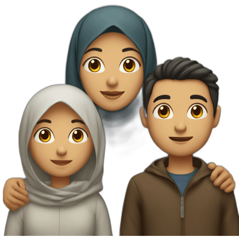 Family of four people: a mother who is the only person wearing a hijab, a father who has dark hair, a young little girl with dark hair, and a young little boy with dark hair, light brown skin emoji