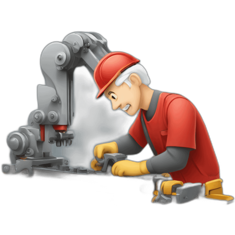 Industrial professional senior mechanical assembler working on the assembly of heavy machinery with a red outfit emoji