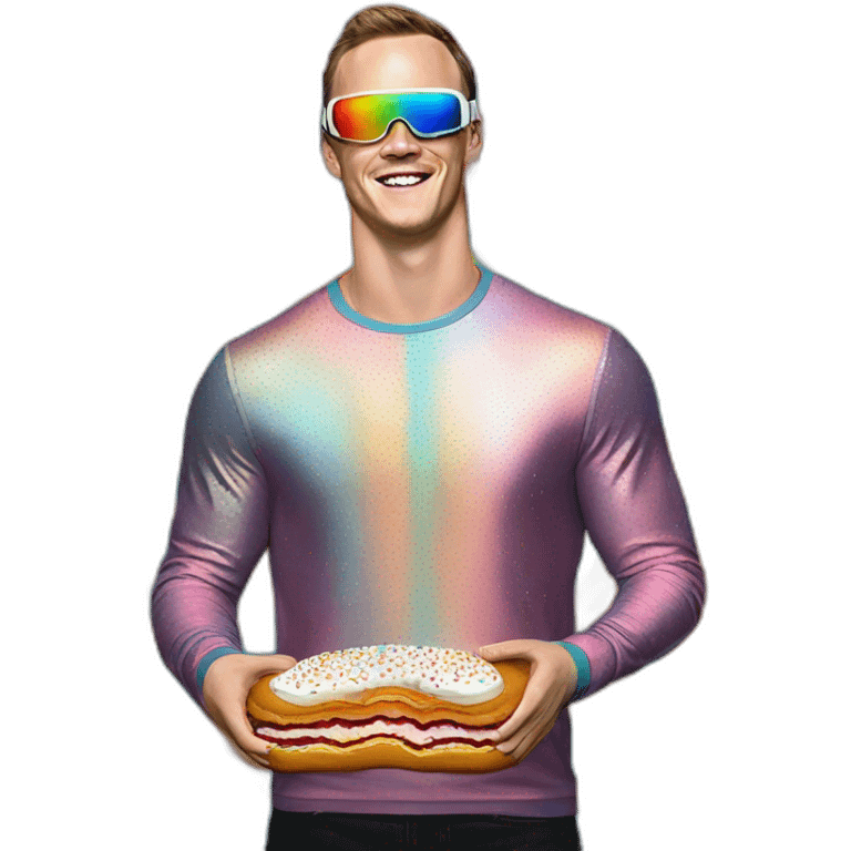 Fancy disco Jonathan Toews wearing rainbow lace shirt and wearing VR glasses and eating a moon pie emoji