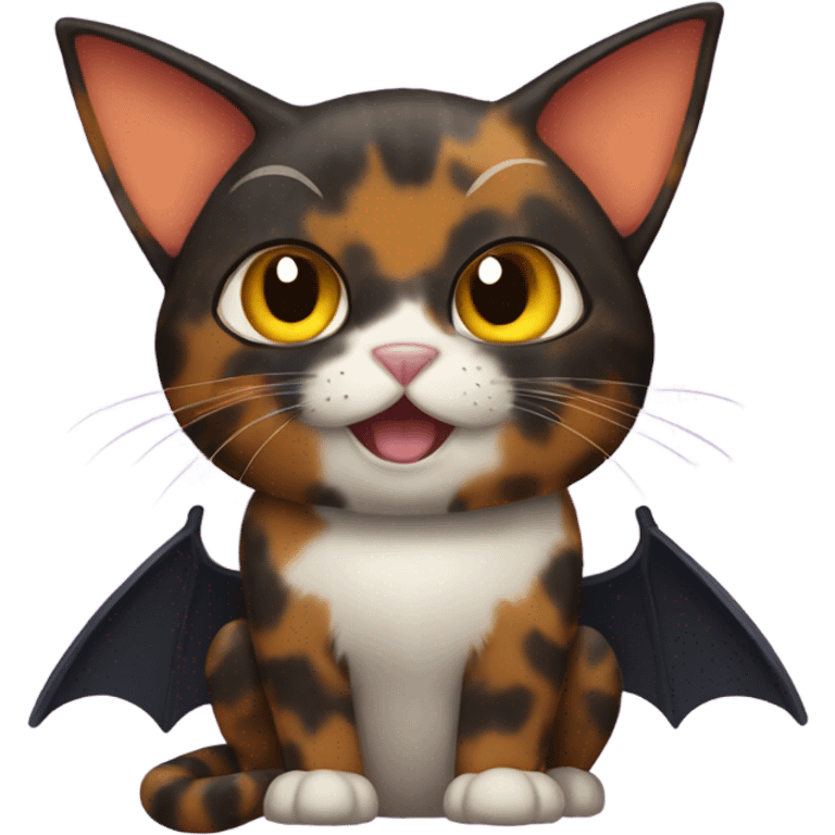 Tortoiseshell cat wearing bat wings emoji