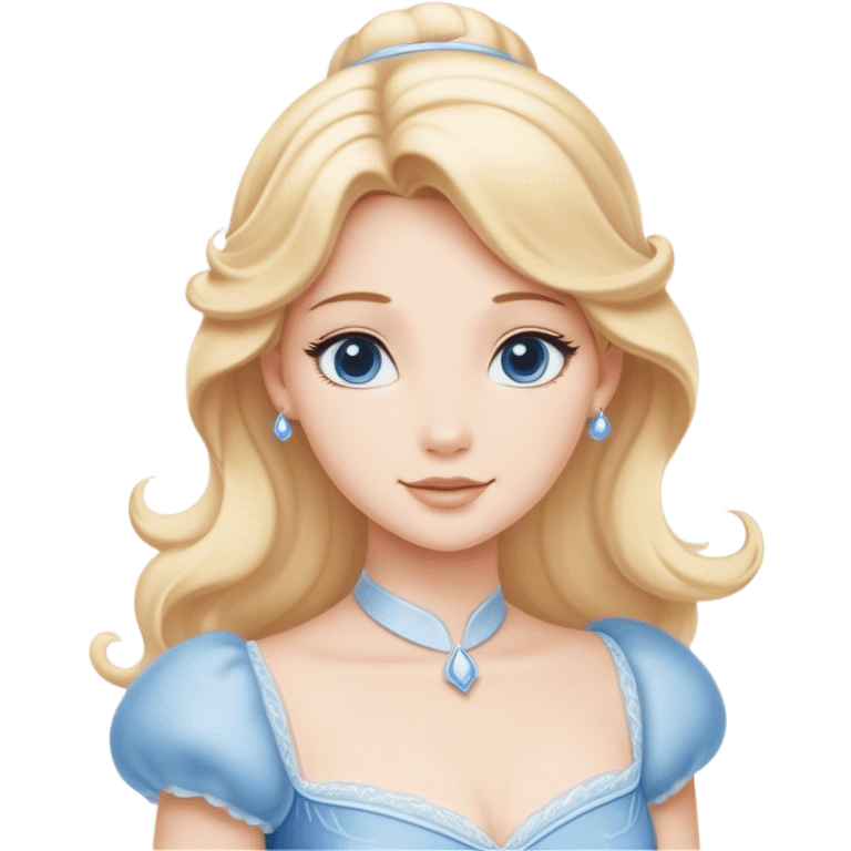 Cinematic Serene Cinderella Portrait Emoji, rendered in a realistic, vector-style with minimal shading. Depict a gentle Cinderella (chest and above) with porcelain skin, smooth blonde hair falling in soft waves, and calm, inviting eyes. Dressed in her modest daytime dress, she exudes quiet grace and pure enchantment, highlighted by a soft glowing outline. emoji