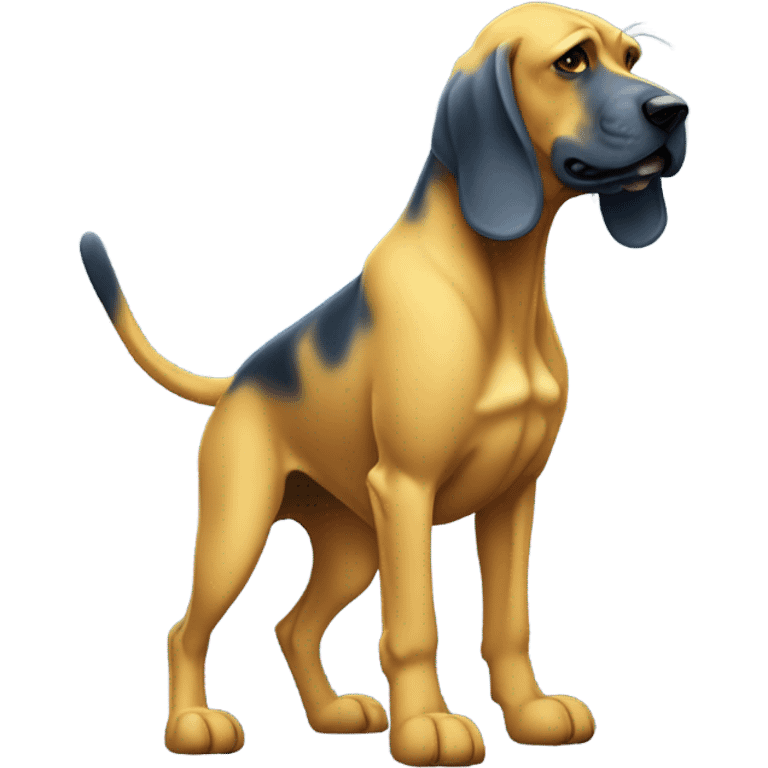 A Blue and yellow bloodhound dog standing erect on its hind legs boxing. emoji