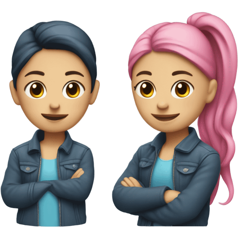 girl in jacket by car with two ponytails, one blue and the other pink emoji