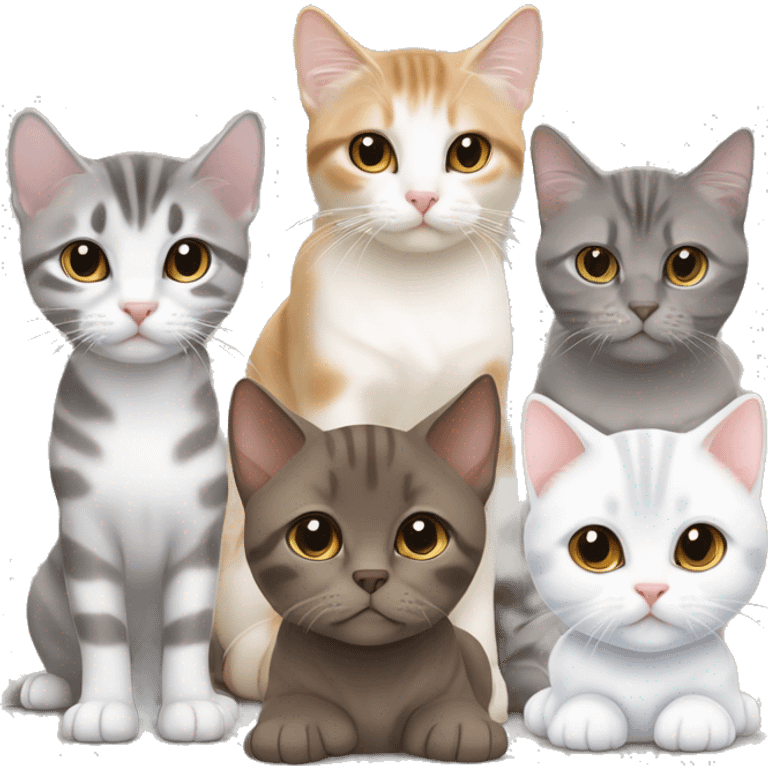 1 brown puppy 1 white tabby cat with half face grey 1 transylvanian cat 1 scottish fold cat emoji