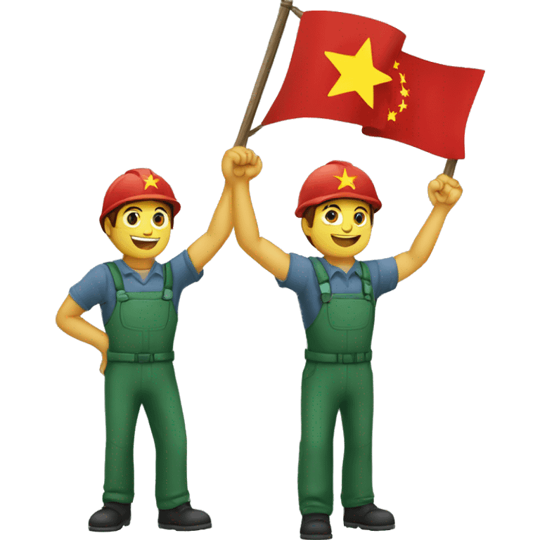 three communist flags over three workers with their fists up emoji