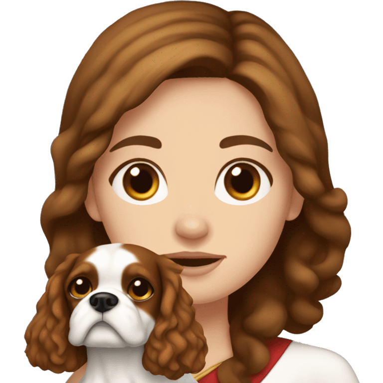 brunette white girl with brown hair and hazel eyes holding a king charles dog emoji