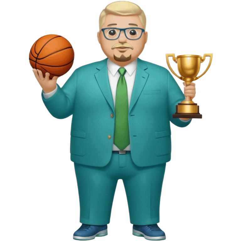 Full Body white fat male  wearing glasses with a goatee with light blonde gray very short hair basketball head Coach in blue and green suit holding trophy emoji