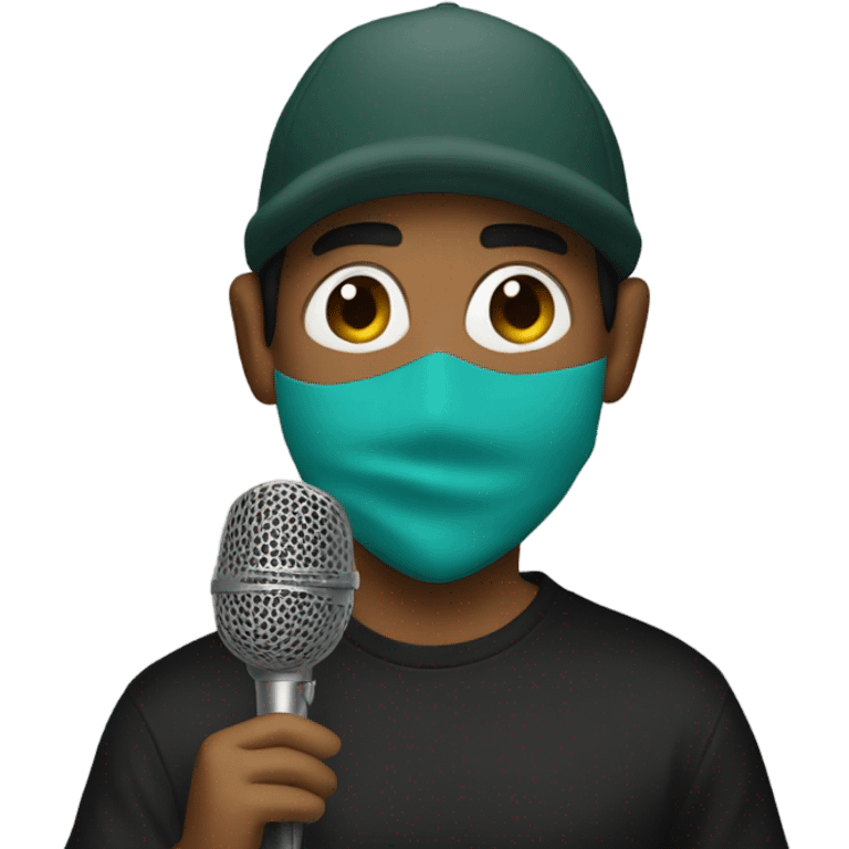 Mexican boy rapping into a microphone with a ski mask emoji