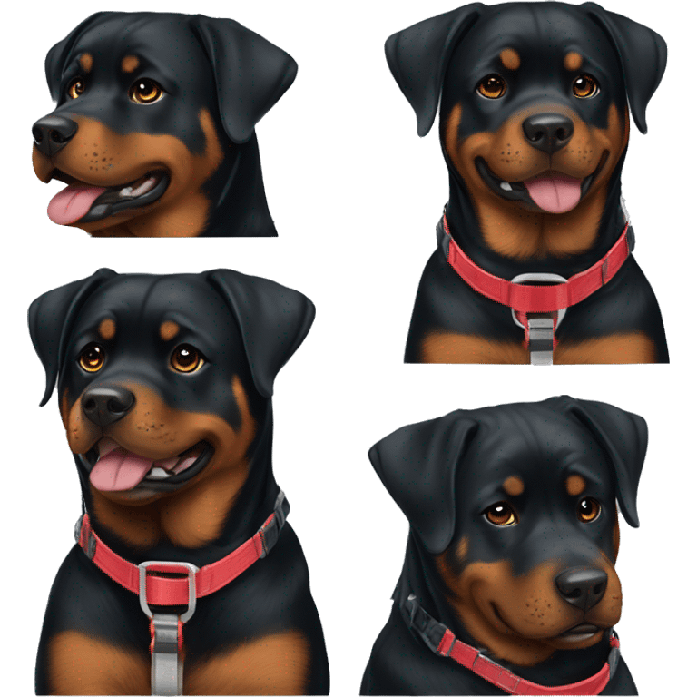 A pretty and happy Rottweiler female with a red harness emoji