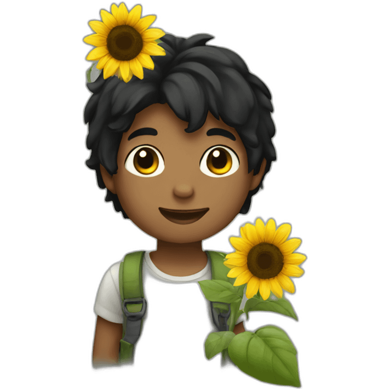 Short black hair boy holding sunflower emoji