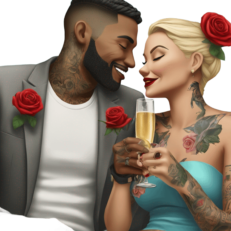 Hyper Realistic tattooed couple drinking champagne with red roses  emoji