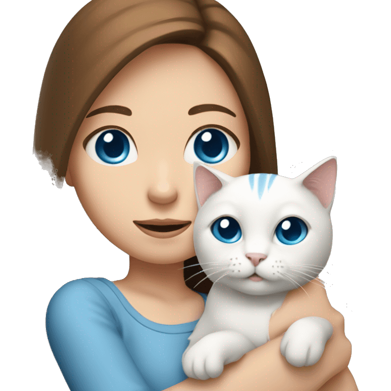 A girl with brown hair down to her shoulders and blue eyes holds a white cat with a gray muzzle in her hand emoji