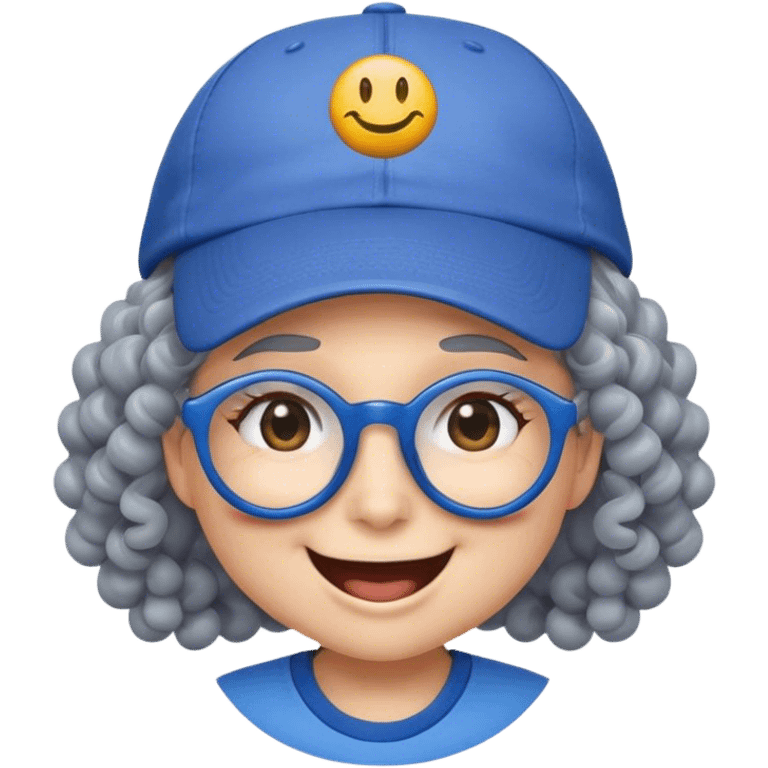 yellow female smiley face emoji, big smile, winking, wearing a blue ballcap backwards, grey curly hair, glasses, no eye color emoji