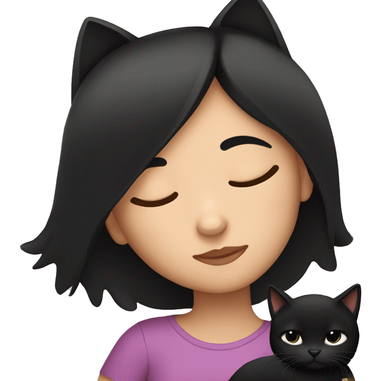 Girl with black hair sleeping with black cat emoji