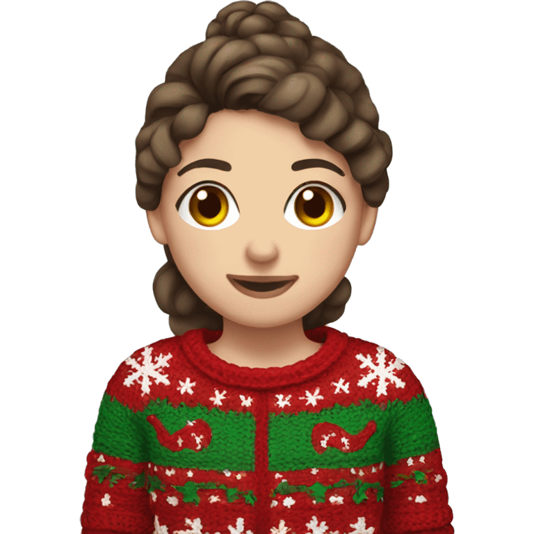 Girl with brown hair in a ugly christmas sweater crocheting emoji