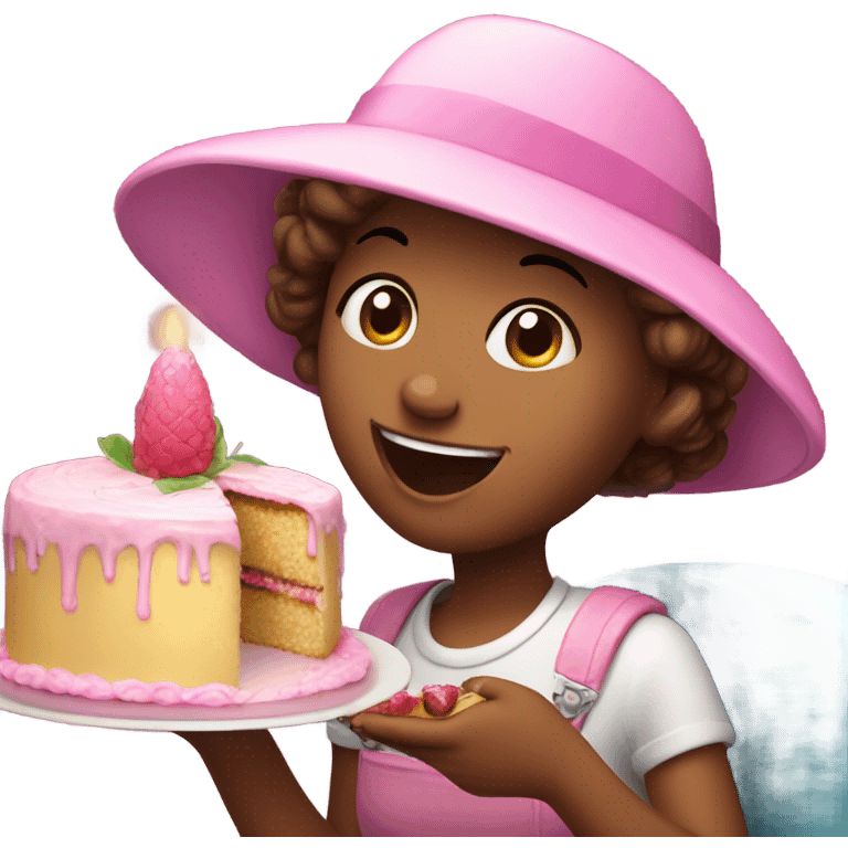 girl eating cake with pink feather hat emoji