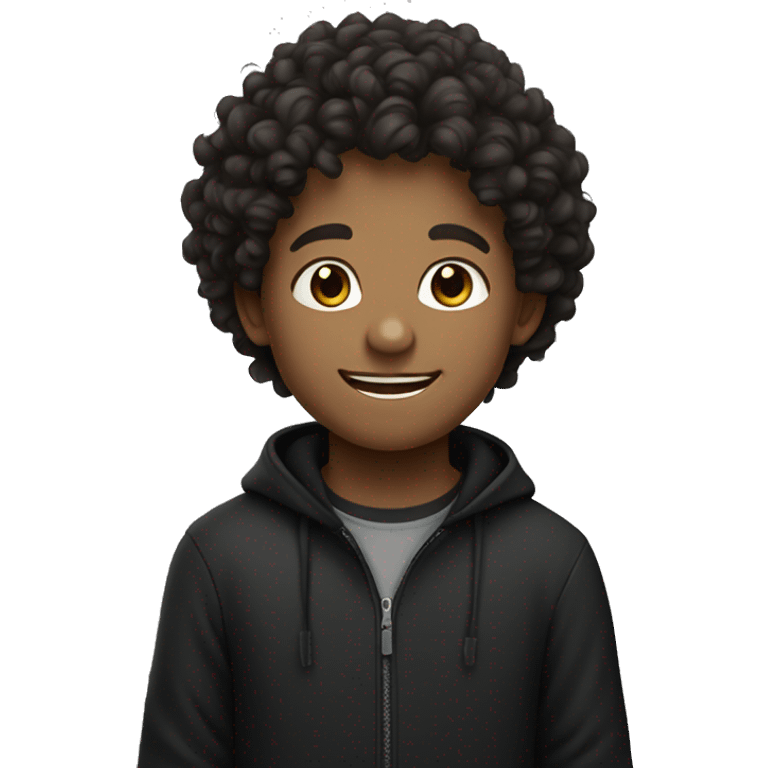 Boy with curly hair smiling in black shirt emoji