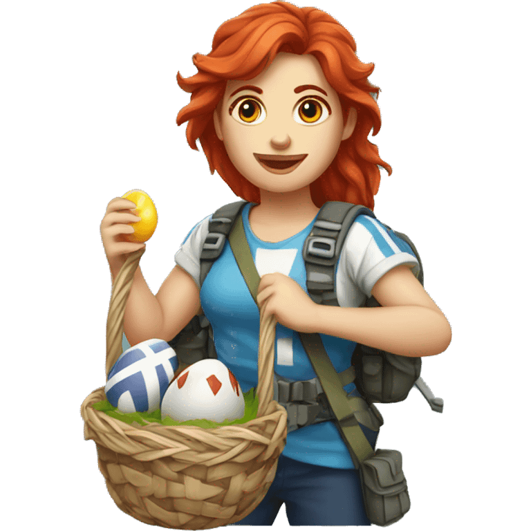 Female mountain climber red hair with Greek flag and holding Easter eggs basket emoji