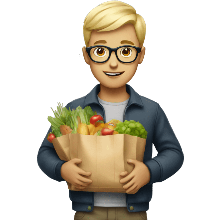 A boy with short cut blonde hair and glasses holding Shopping bag with food  emoji