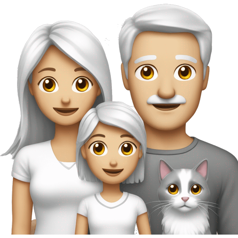 Family two brunette girls a blond mother and a grey haired father, all white. A spitz dog and a cat. emoji