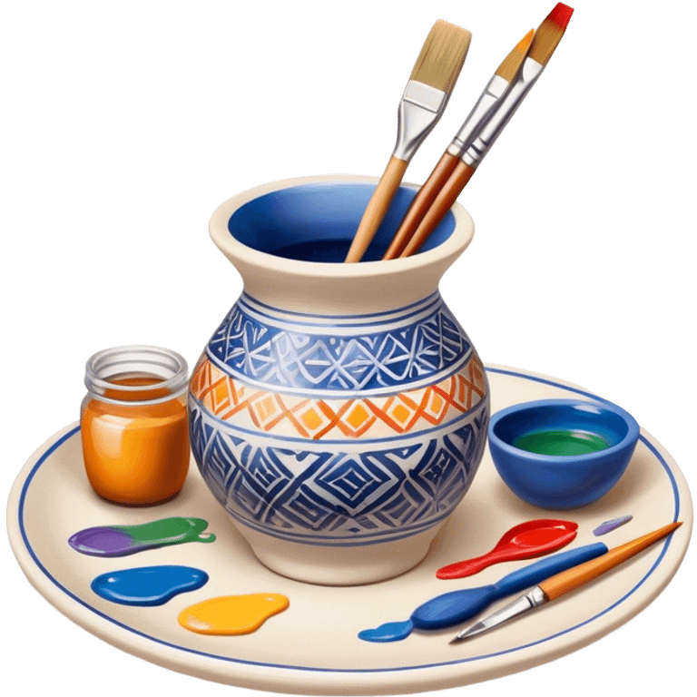 Ceramic painting icon, hand-painted ceramic plate or vase with intricate patterns, visible paintbrush, paint pots, and ceramic tools, colorful glaze, no finished artwork, just the painting process, minimalistic style, clean lines, transparent background. emoji