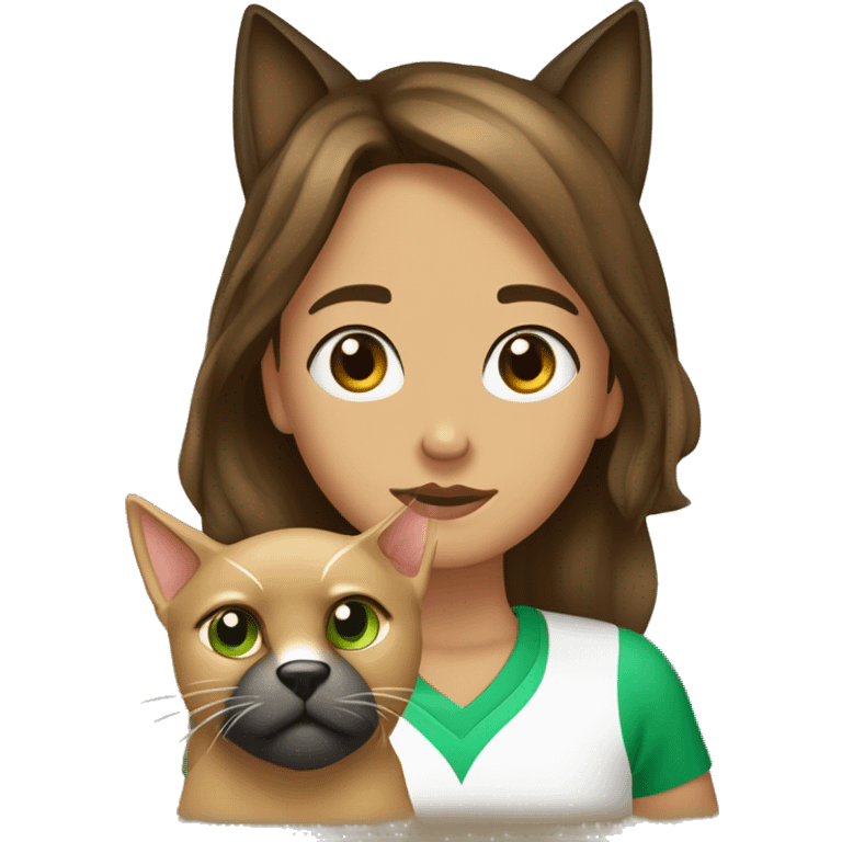 garota branca com cabelo cacheado castanho claro  loiro comprido 8 anos com olhos verdes muito escuros e um gato preto e um cachorro caramelo emoji