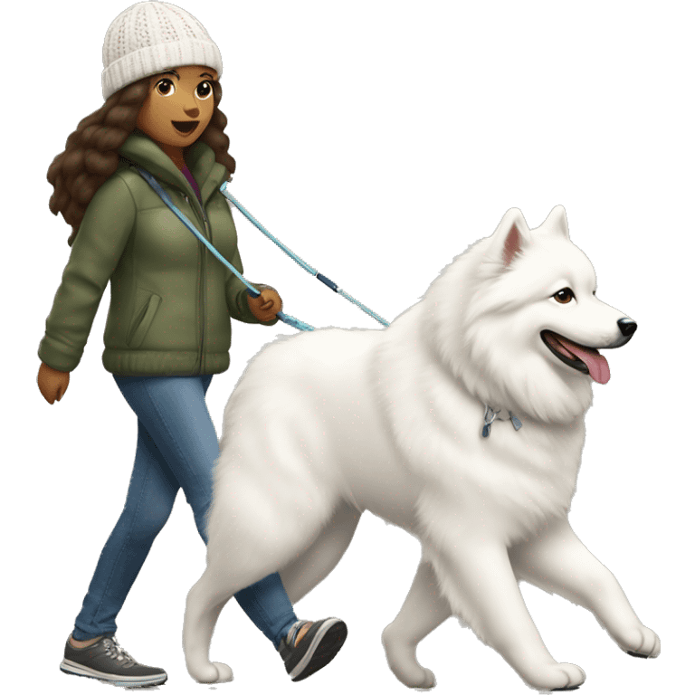 full body view of brunette female with light medium skin to e with knit hat walking a samoyed on a leash emoji