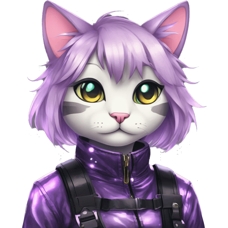 Gorgeous sparkly shiny colorful dark techwear anime style anthro cat with blushing face aesthetic and pretty edgy black with collar and harness trending style emoji