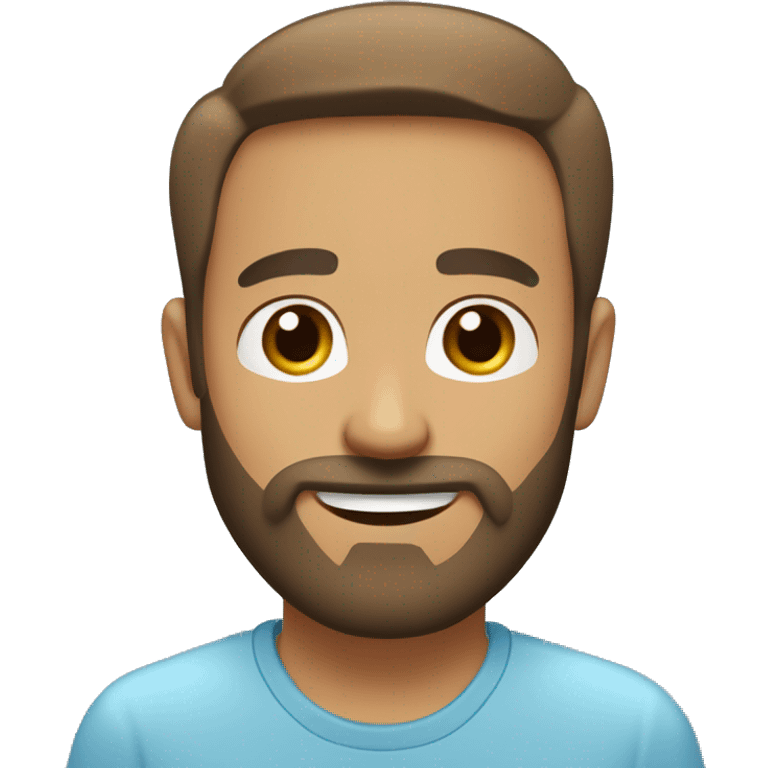 Face Shape: Oval with a slightly prominent forehead.
Skin Tone: Light.
Eyes: Light blue, wide and expressive.
Eyebrows: Light brown.
Mouth: Smiling with visible teeth.
Hair: Light brown
Full beard and mustache, light brown with some grey emoji