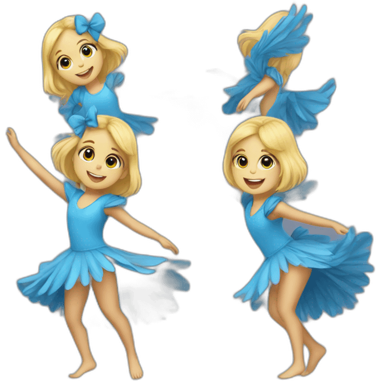 little blonde girl dancing in a blue bird costume emoji