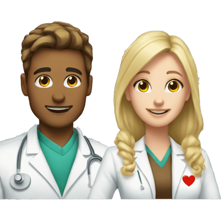 Blonde female pharmacist and male chemist with brown hair in love  emoji