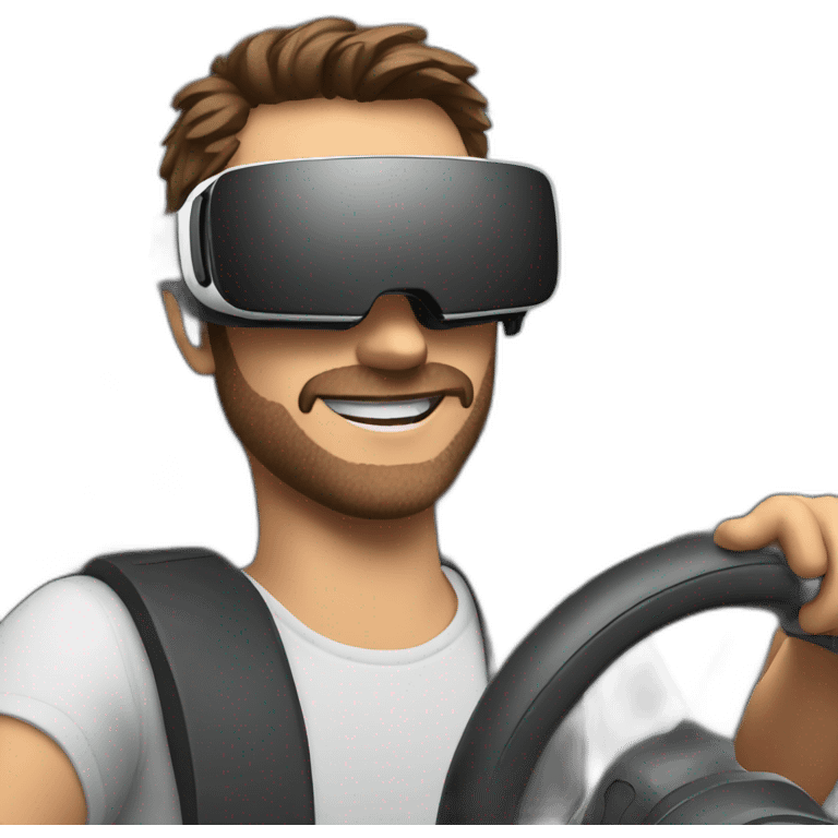 Man wearing vr headset while holding steering wheel emoji