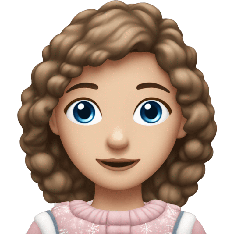 Girl with blue eyes and brown hair in a light, pink, snowy ￼ Christmas outfit emoji