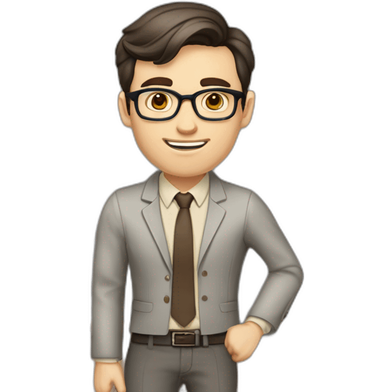 Pale skinned fit man with dark brown hair in gray jacket, beige office shirt, brown tie, brown pants and vintage glasses Writing on the marker board emoji