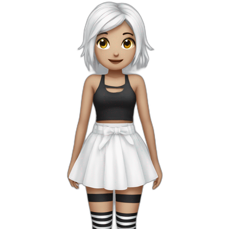 Frontal view curvy emo girl sits white skirt striped stockings hands up emoji