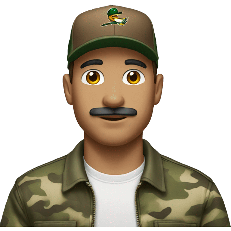 Man with brown hair, brown thin mustache, with a baseball hat on and duck camo shirt emoji